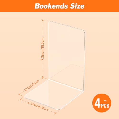 Minimalist Acrylic Bookends 4 Pcs, Clear Book Ends for Shelves, Set