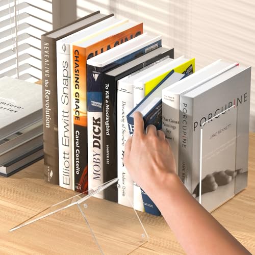 Minimalist Acrylic Bookends 4 Pcs, Clear Book Ends for Shelves, Set